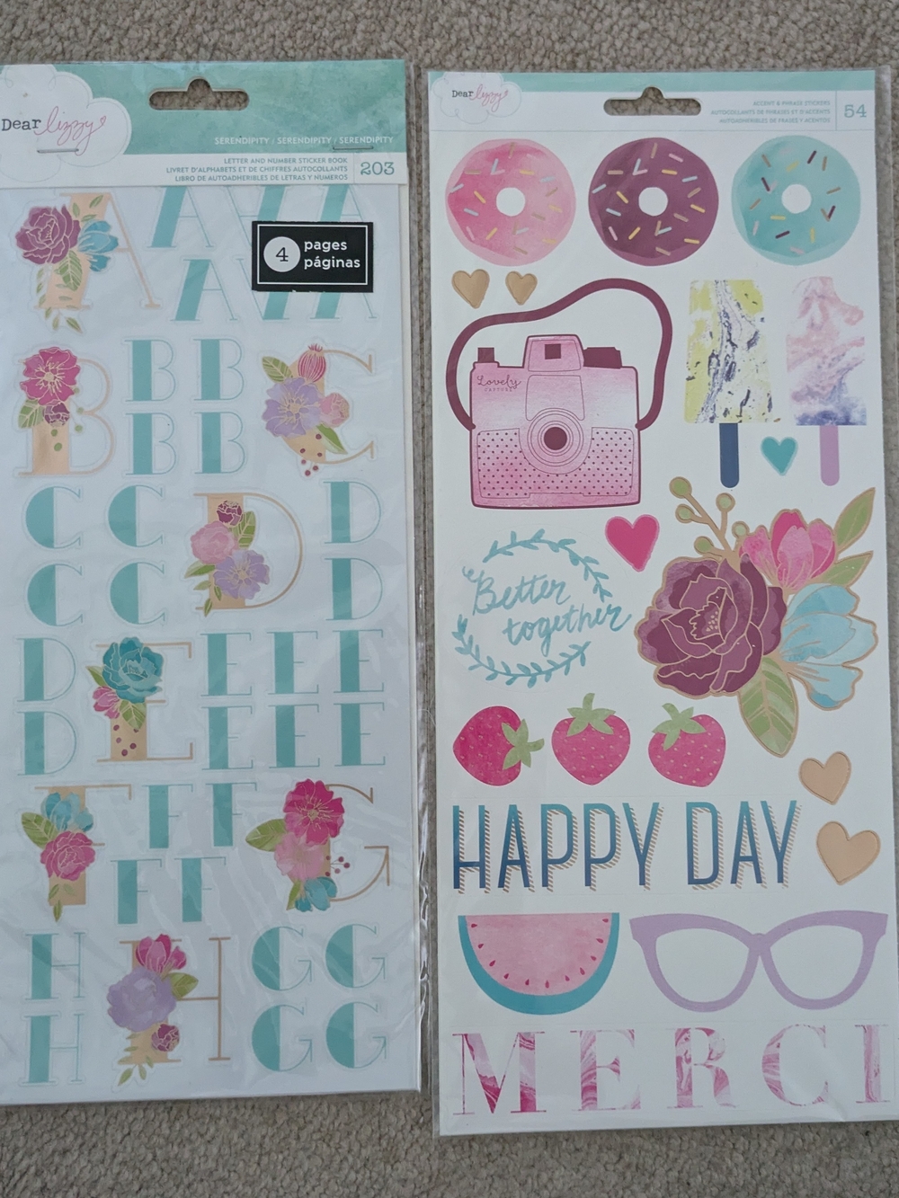 Floral & Pastel Alphabet Sticker Sheets - Happy Day (Pink, Teal, Purple)